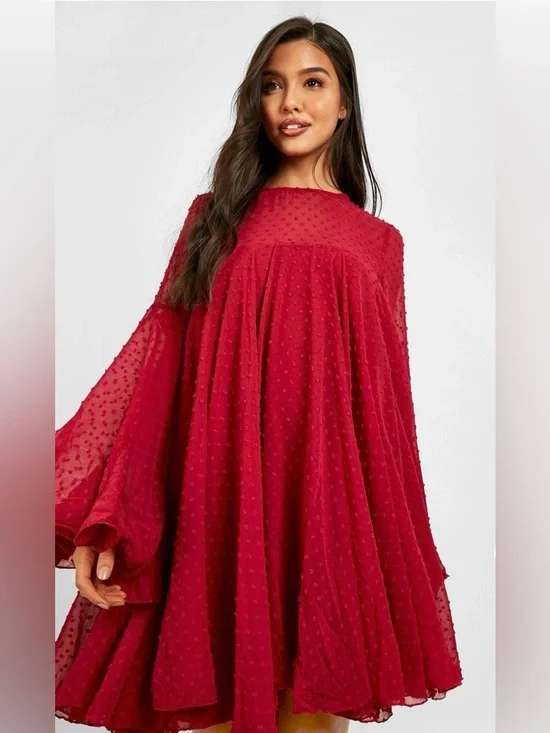 Boohoo Ruby Red Textured Swing Mini Dress - Picture 1 of 5